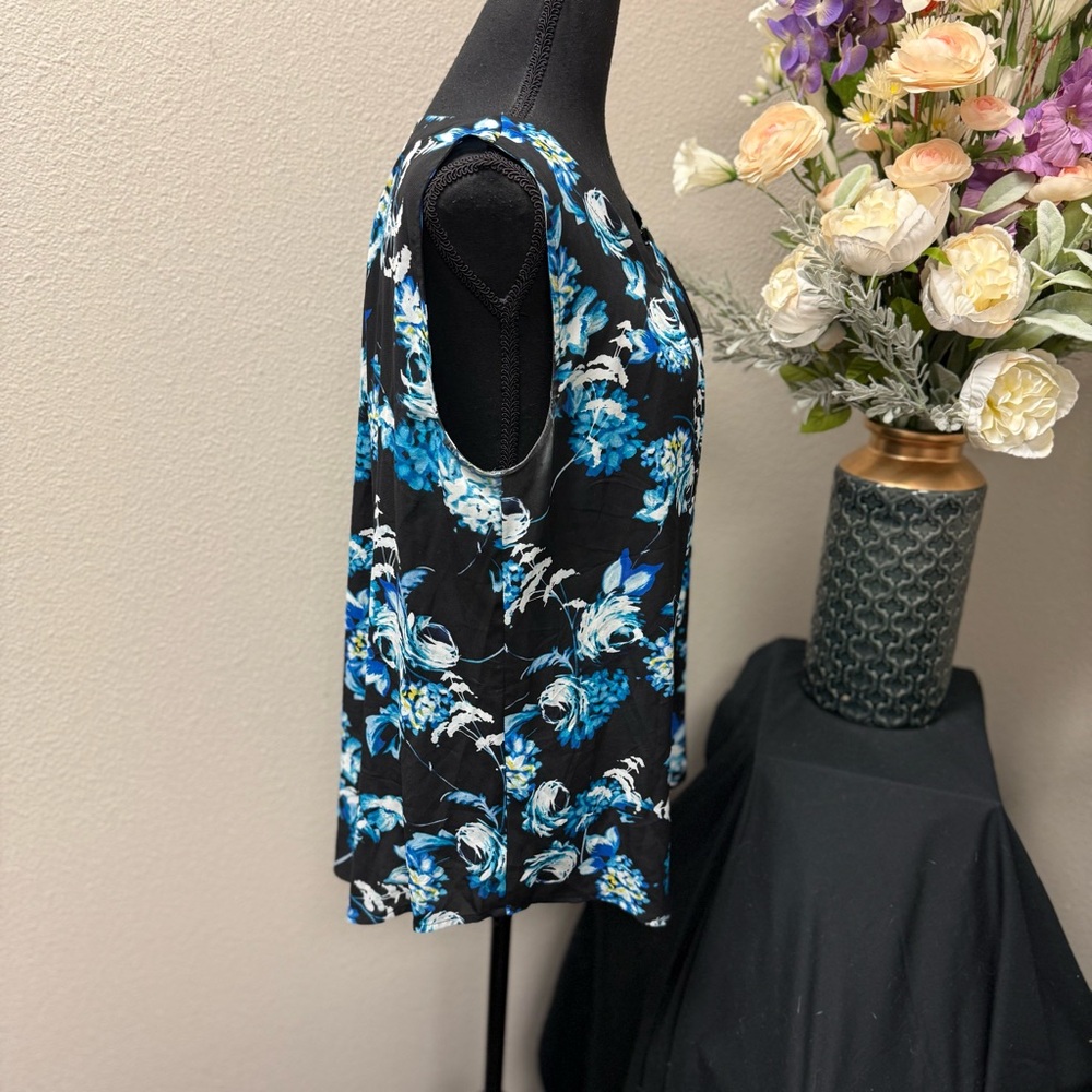 Calvin Klein Blue Floral Sleeveless Blouse Black XL Office Casual Tank Top - Picture 4 of 8